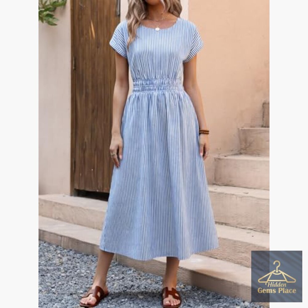 Rayon Midi Dress with Pockets, Empire Waist, Casual Summer Beach Wear - Picture 3 of 7